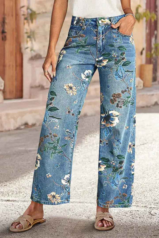 High Waist Floral Jeans - Vintage Floral Print Straight Leg Denim Pants