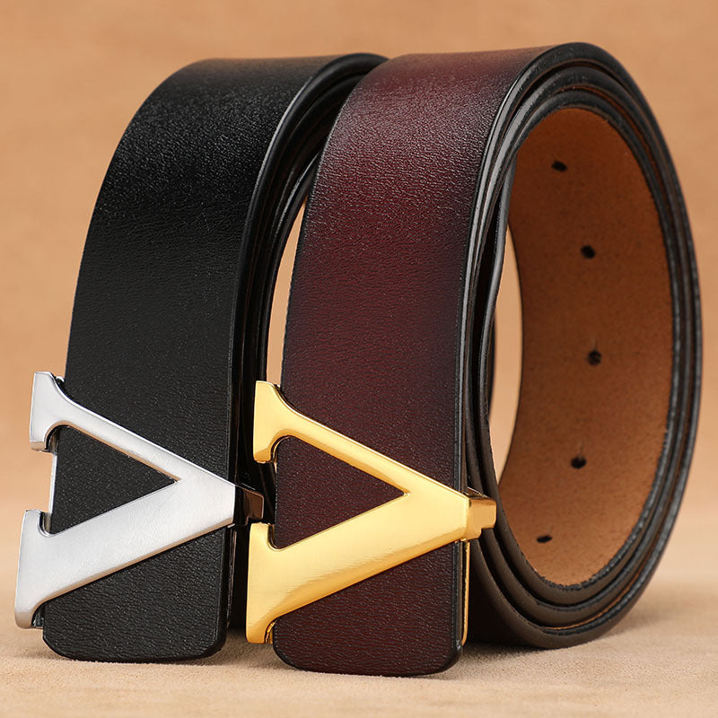 Smooth Genuine Leather Pants Belt - Pure Cowhide Letter V Design - Neon North Clothing