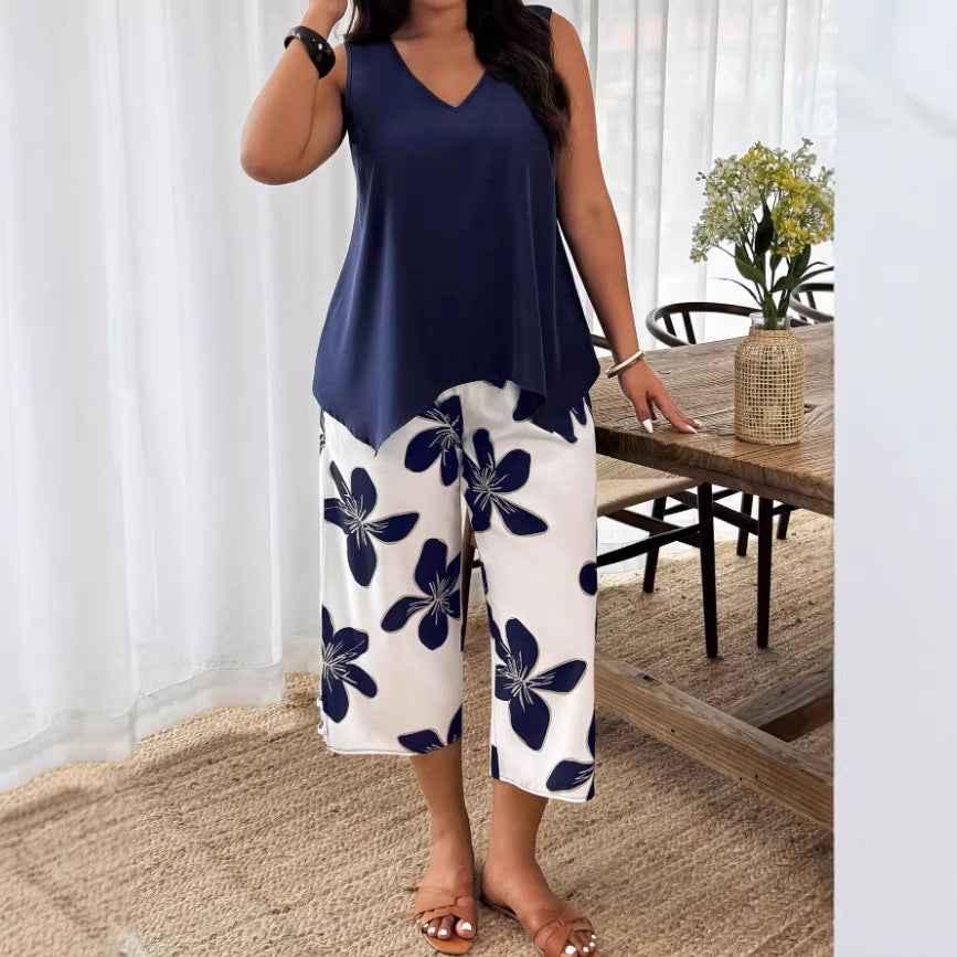 Women's Printed Cropped Pants Set for Casual Elegance