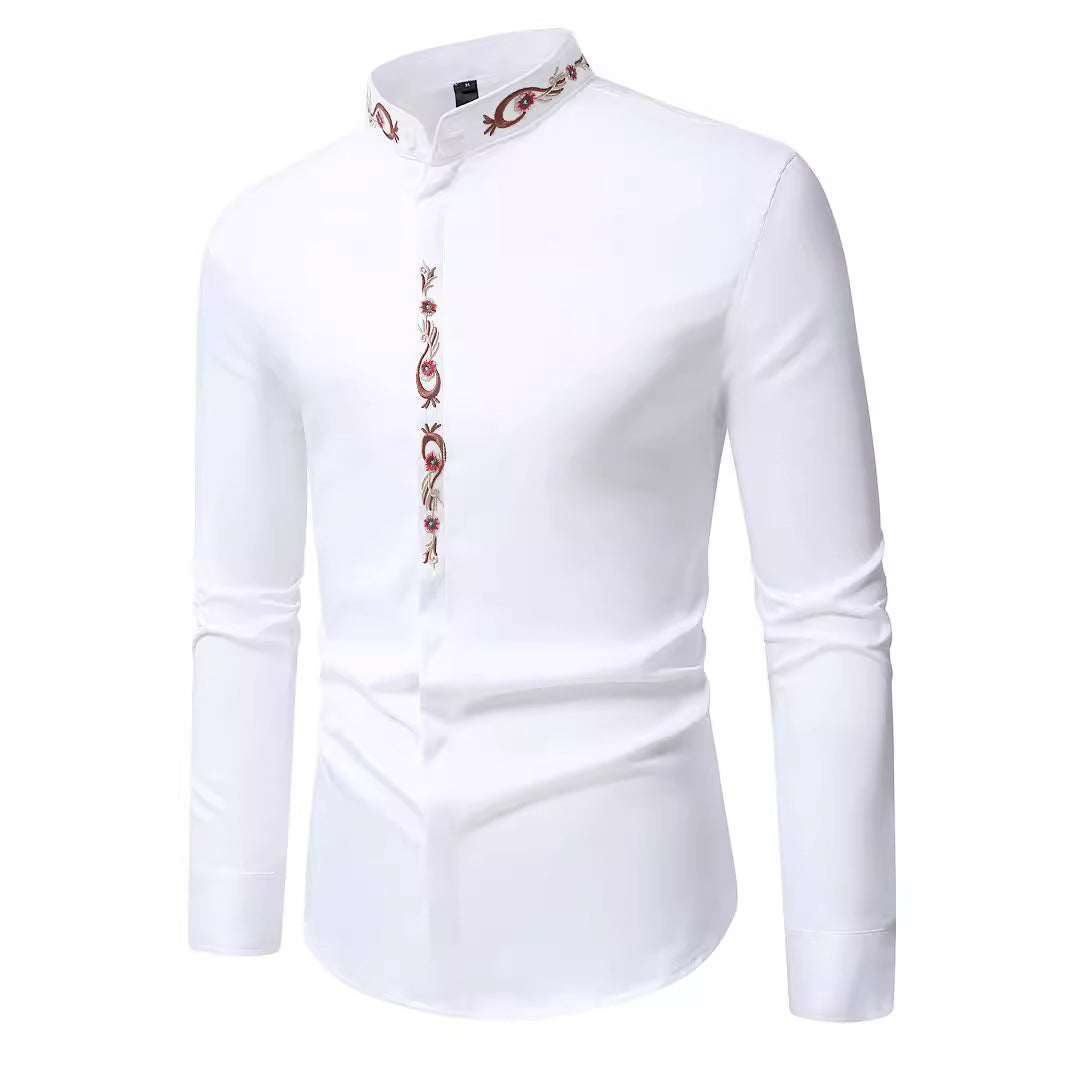 Mens Embroidered Casual Long-Sleeve Shirt - Slim Fit Fashion Collar