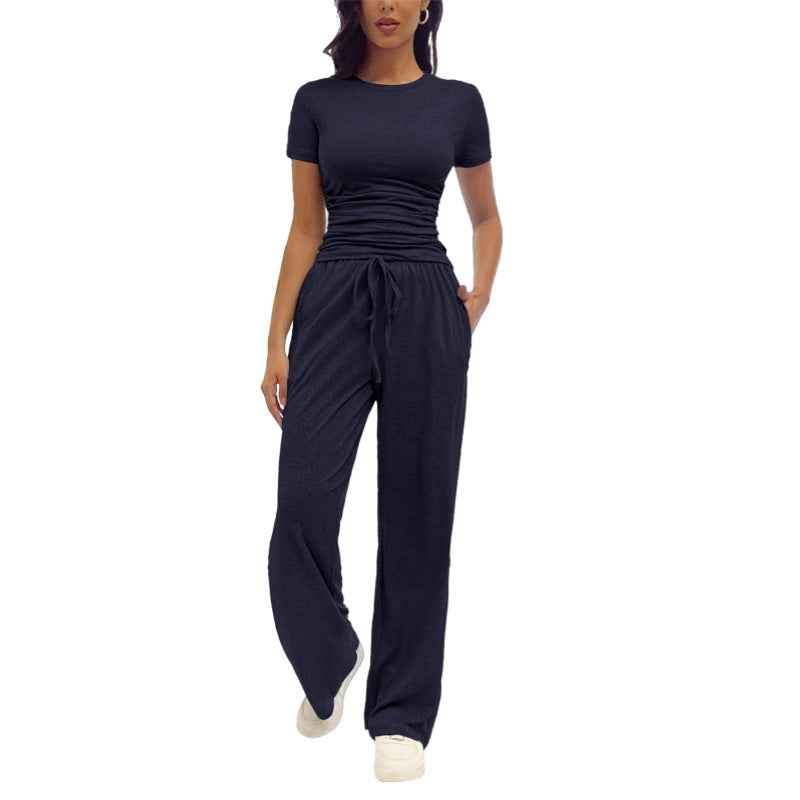 Women's Casual Pleated Set - Fashionable Short-Sleeve Ensemble for Everyday Wear