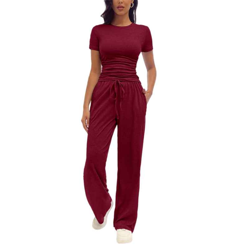 Women's Casual Pleated Set - Fashionable Short-Sleeve Ensemble for Everyday Wear