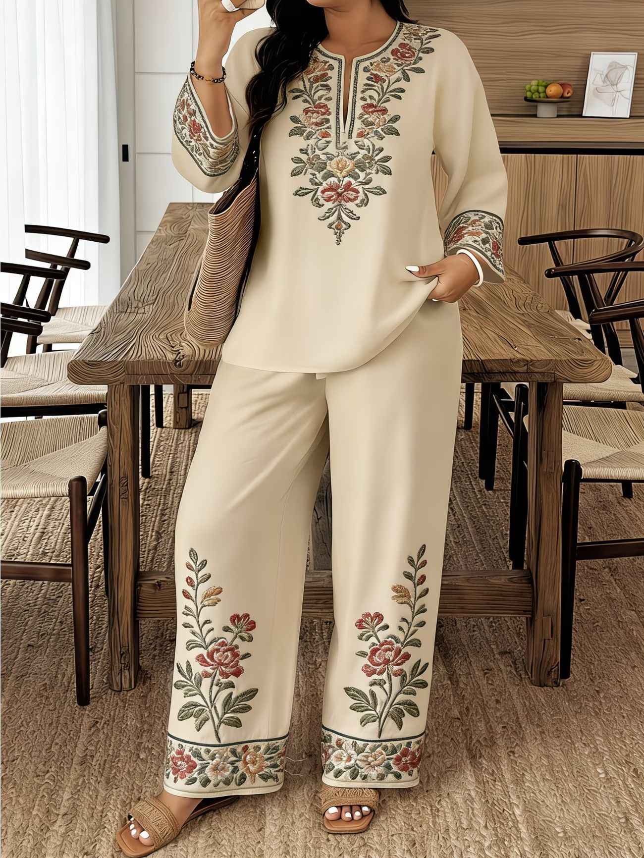 Middle Eastern Lace Floral Set - Elegant Long-sleeve Ethnic-style Fashion