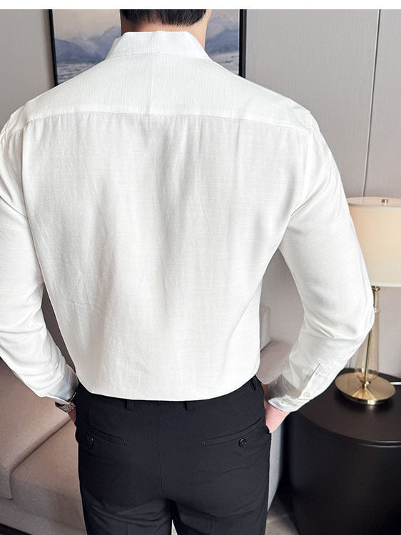 Men's Cotton Long-sleeved Shirt with Solid Color and Stand Collar