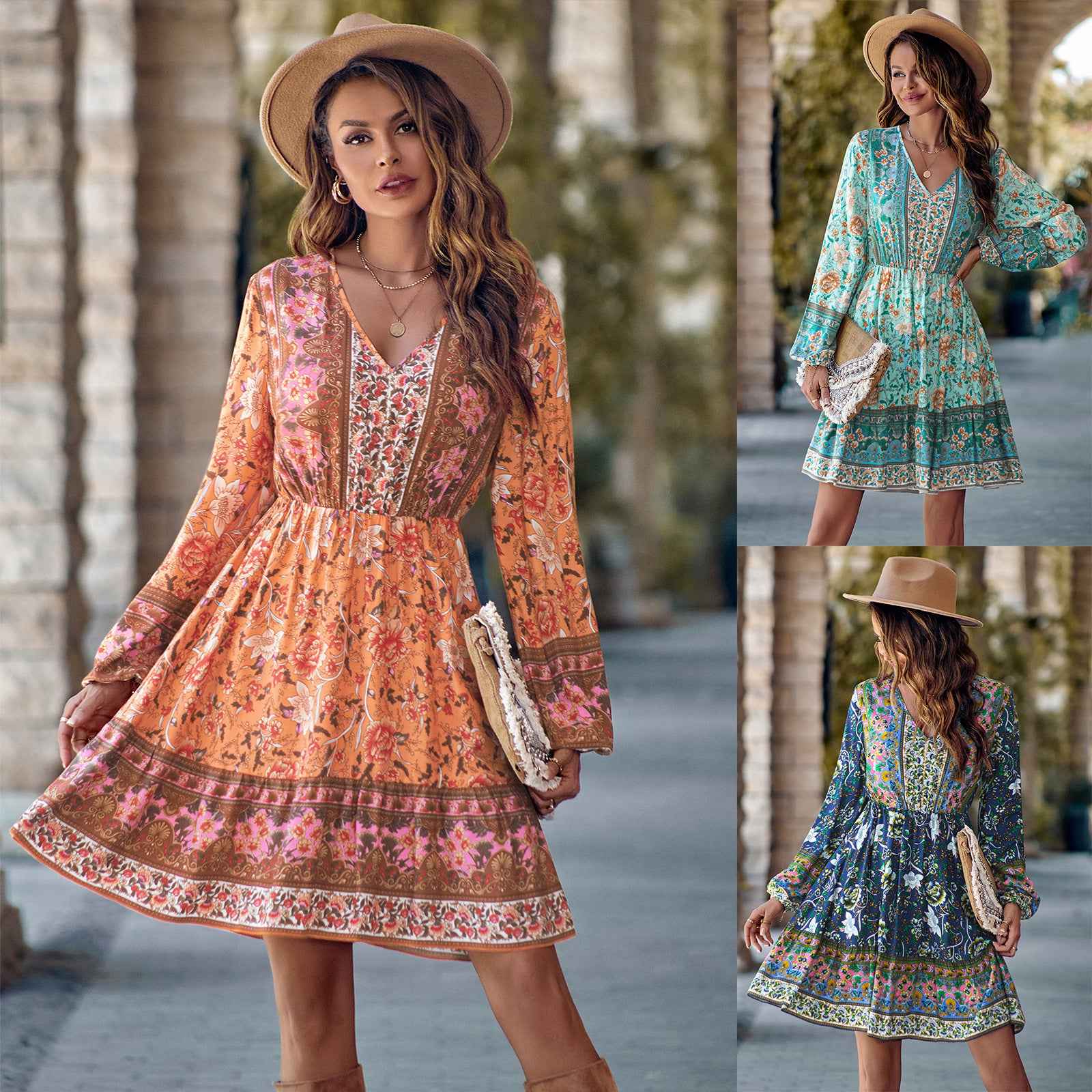 Waist-Control V-Neck Dress for Women - Printed Long Sleeve Style
