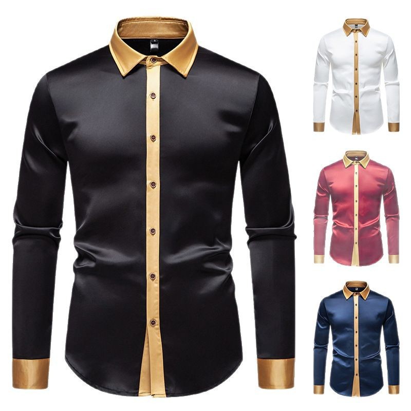 Mens Satin Colorblock Shirt - Slim Fit Long Sleeve Stylish Design