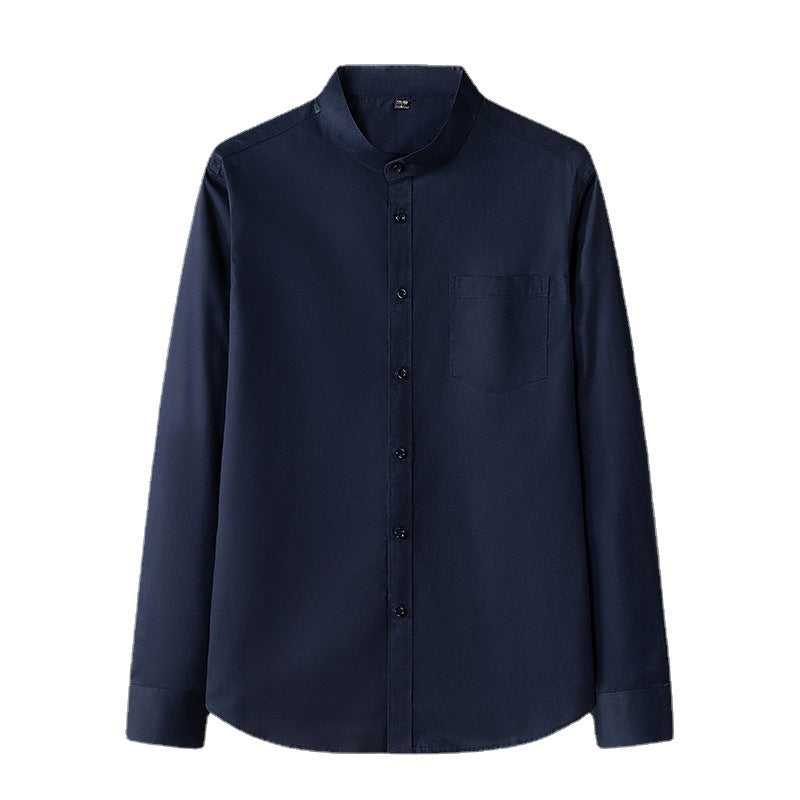 Men's Slim Fit Pocket Shirt - Stand Collar Long Sleeve Solid Color Design