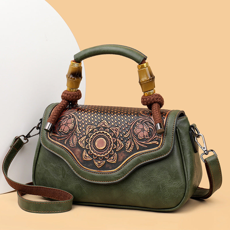 Handcrafted Leather Crossbody Bag with Embossed Retro Design