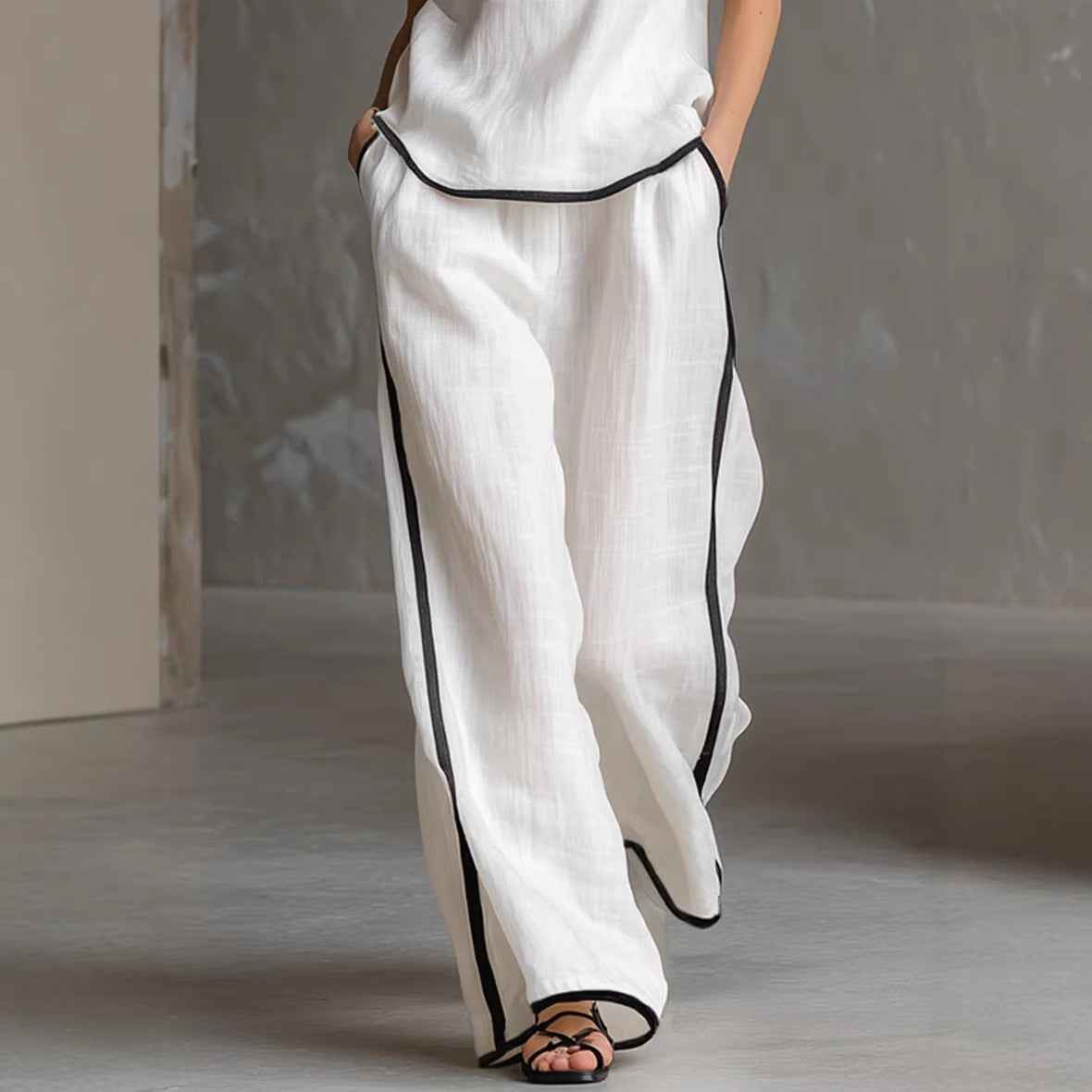 Sleeveless V-Neck Black Trim Contrast Color Simple Womens Top And Wide-Leg Pants Set