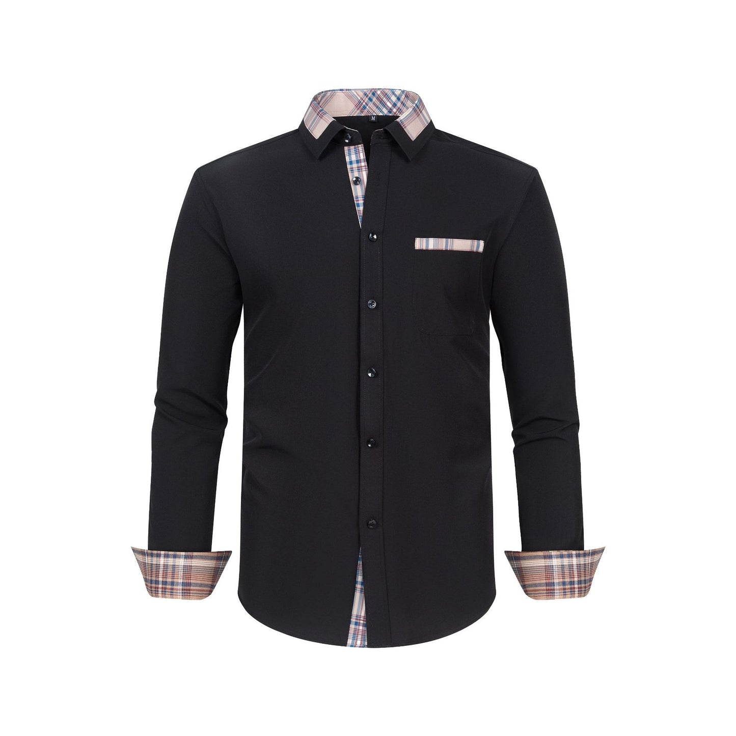 Mens Long Sleeve Shirt Patchwork Collar with Plaid Design for Stylish Comfort
