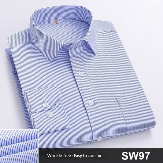 Mens Wrinkle-Free Blue-Striped Work Shirt for Effortless Style and Comfort