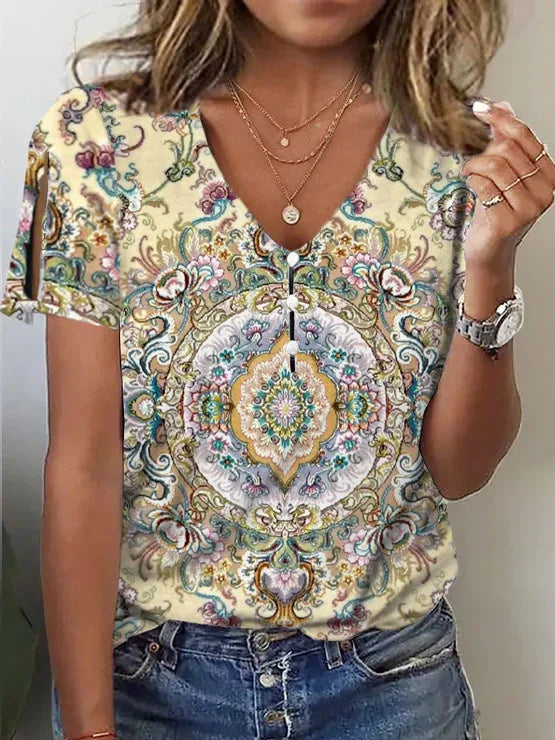 V Neck Vintage Top Short Sleeves Button Streetwear Top - Neon North Clothing