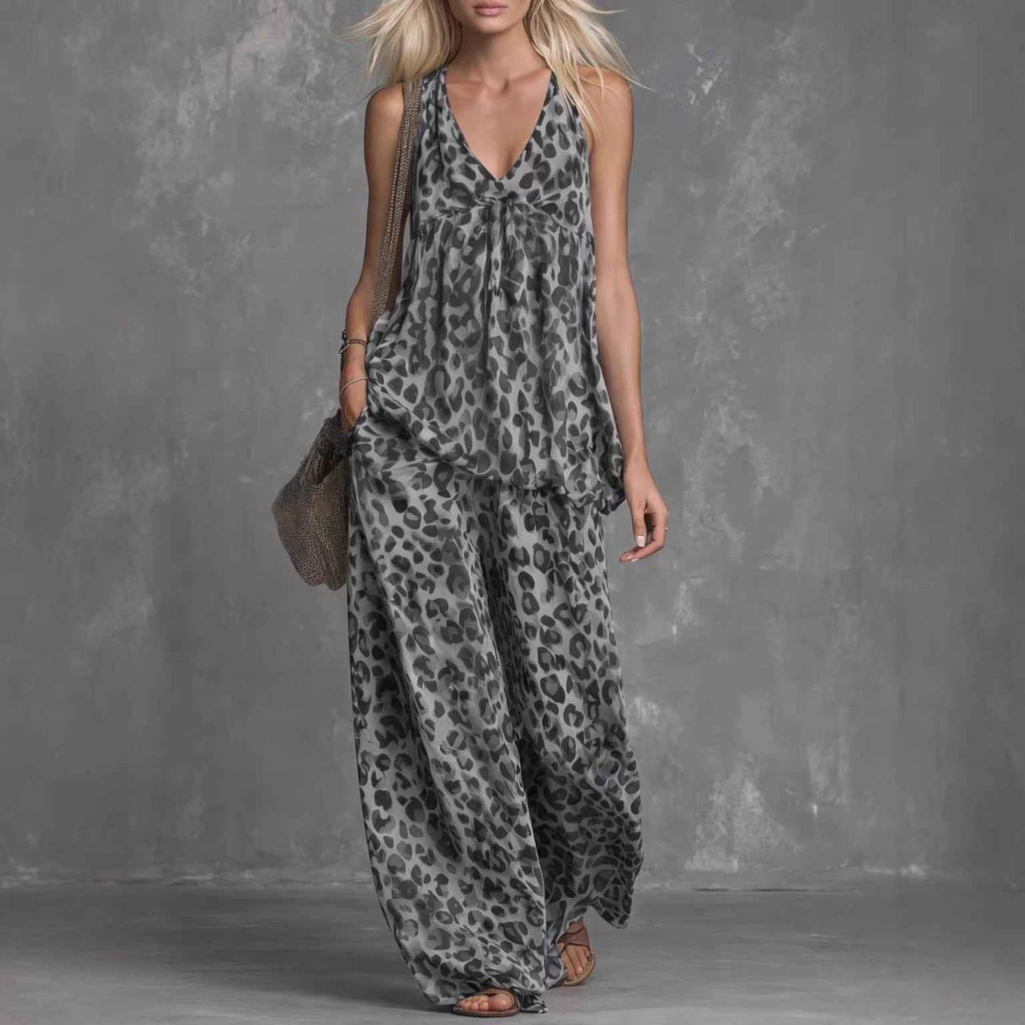 Womens Loose-Fitting Leopard Print Women's Clothing Set with Sleeveless Top and Chiffon Pants