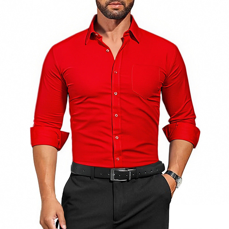 Men's Wrinkle-Resistant Dress Shirt - Breathable Stretch Solid Color Long Sleeve Regular Fit