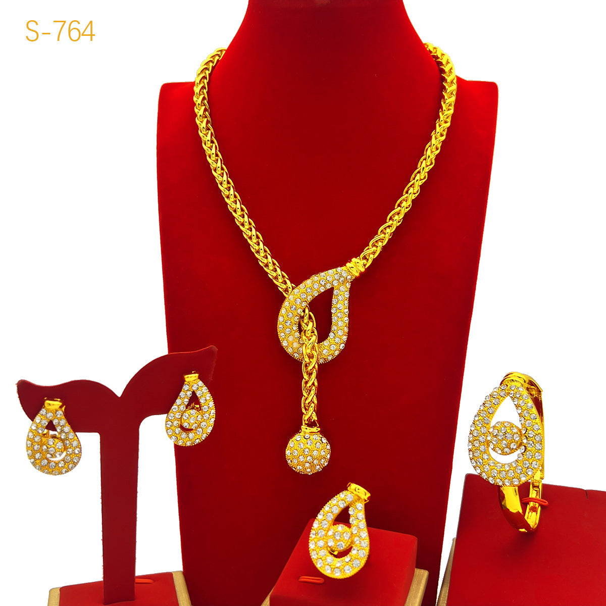 Dubai Bride Gold-plated Jewelry Set - 24k Gold-plated Necklace, Bracelet, Earring, and Ring Four-piece Set