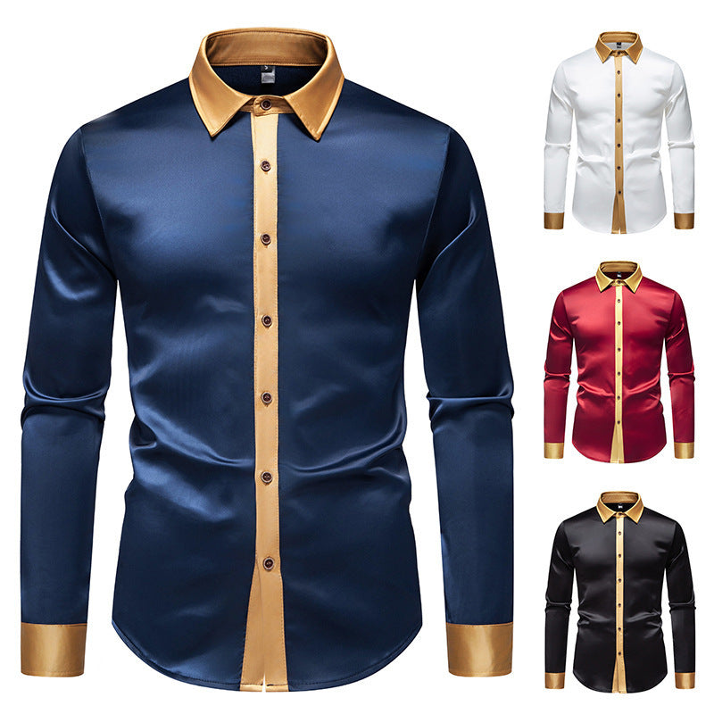 Mens Satin Colorblock Shirt - Slim Fit Long Sleeve Stylish Design