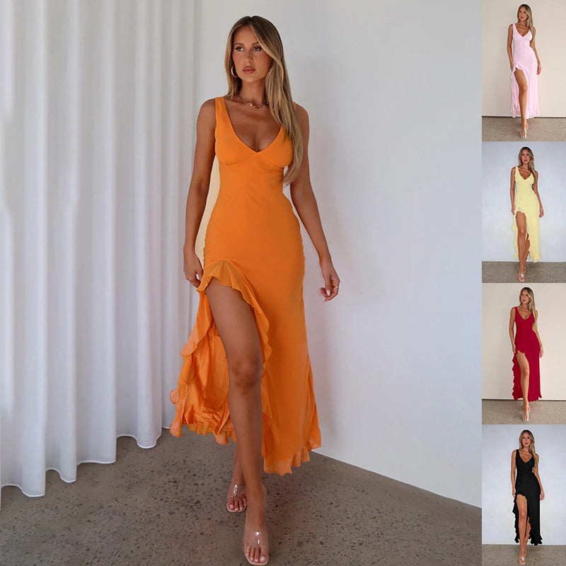 Vestido de fiesta de noche ajustado con escote en V, tirantes divididos y volantes para mujer 