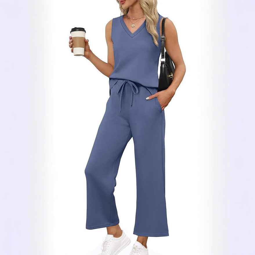 V-neck Vest and Pants Set for Effortless Casual Style