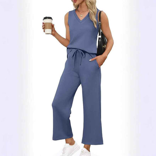 V-neck Vest and Pants Set for Effortless Casual Style
