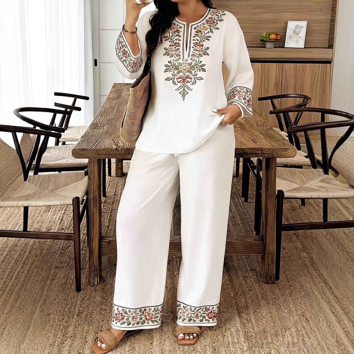 Middle Eastern Lace Floral Set - Elegant Long-sleeve Ethnic-style Fashion