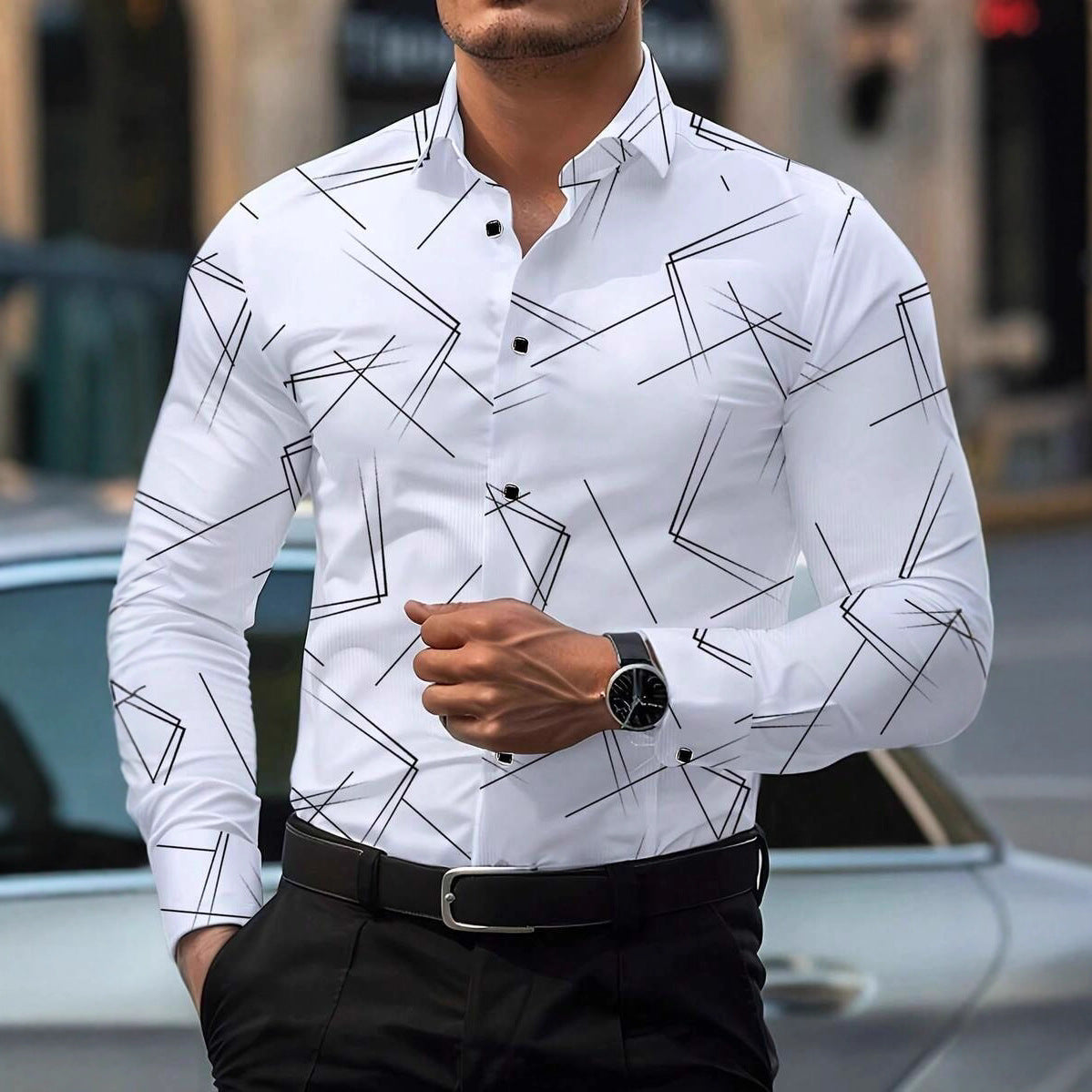 Mens Digital-Print Slim Fit Shirt for Effortless Casual Style