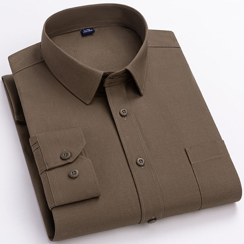 Spring Mens Khaki Cotton Long-sleeve Shirt - Slim Fit