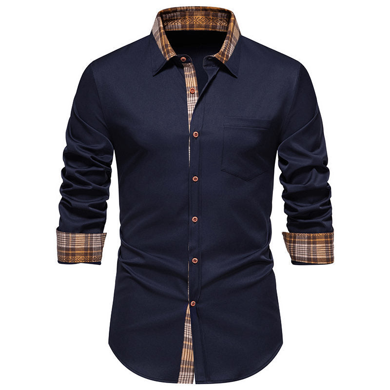 Plaid Contrast Collar Men's Shirt - Slim Fit Long Sleeve