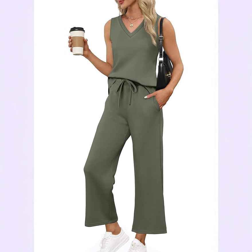 V-neck Vest and Pants Set for Effortless Casual Style